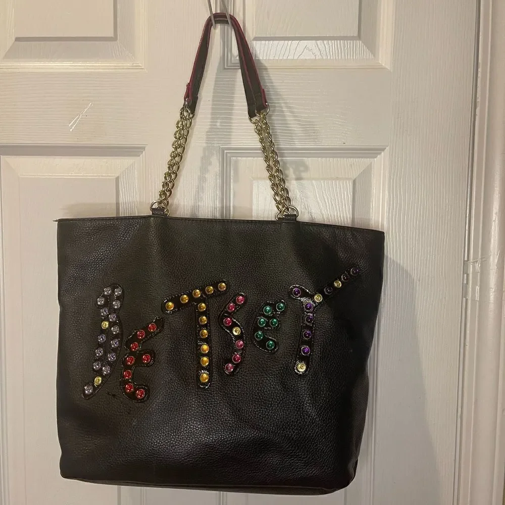Betsey Johnson jewels large black synthetic leather tote gold tone chain straps